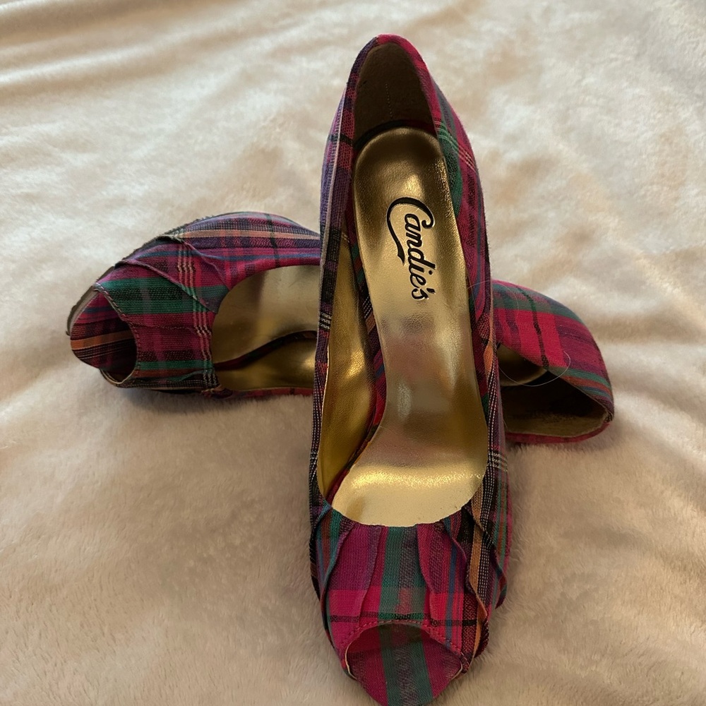 Plaid peeptoe heels, Candies Brand